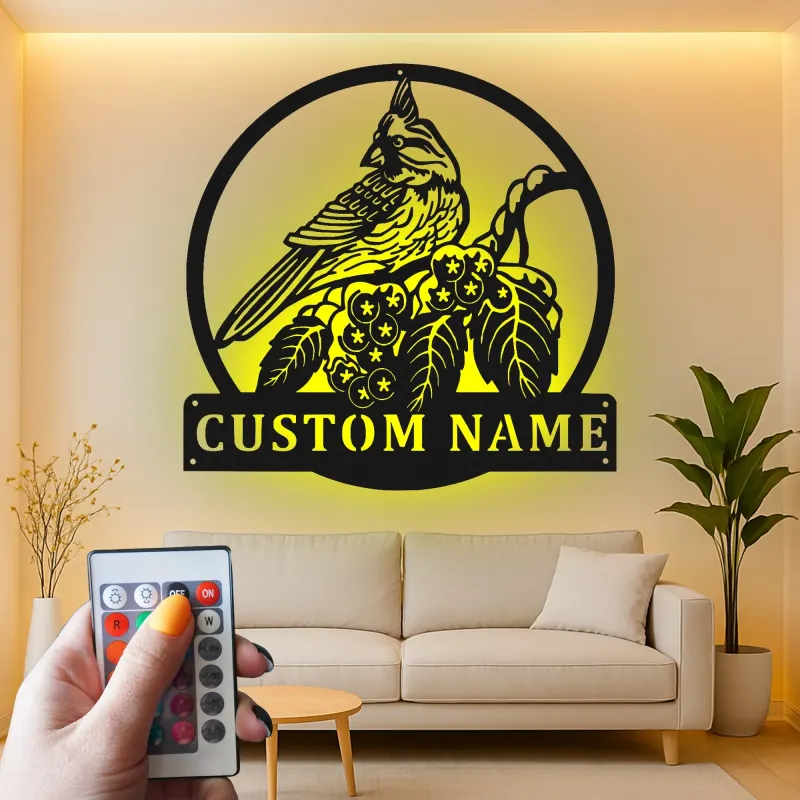 Personalisierte LED-Metall-Wandkunst mit Kardinalvogel – Geschenk für Vogelliebhaber, Garten- oder Terrassendeko