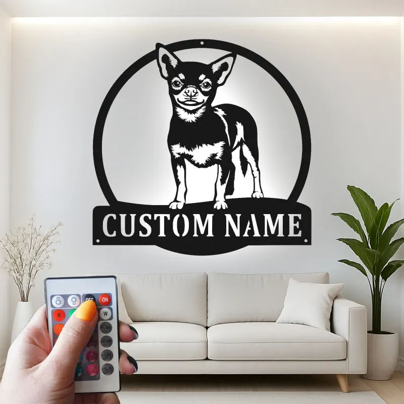 Décoration murale en métal personnalisée Chihuahua avec Rétroéclairage - Cadeau pour Amateurs de Chiens - Décor de Salon