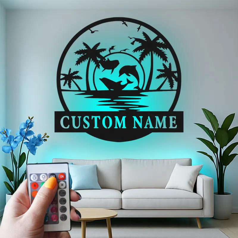 Décoration murale en métal personnalisée avec scène océanique et rétroéclairage LED - Cadeau pour amoureux de la plage, décor tropical pour le salon