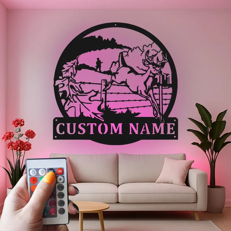 Décoration murale en métal personnalisée pour chasseur de cerfs avec rétroéclairage LED - Cadeau personnalisé pour chasseurs - Décor de cabane rustique 2