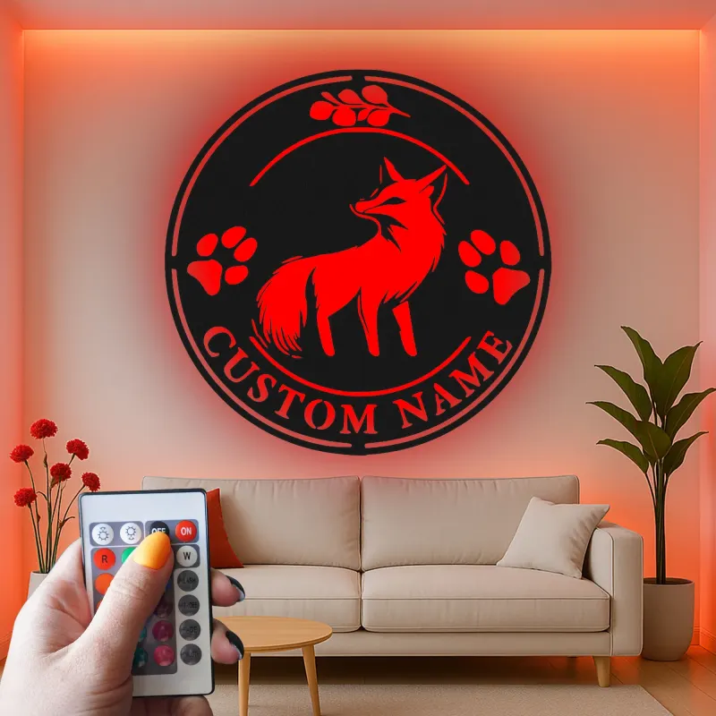Insegna in metallo LED con volpe su misura | Decorazione murale personalizzata con fauna selvatica | Arredo rustico per casa e baita per amanti della natura
