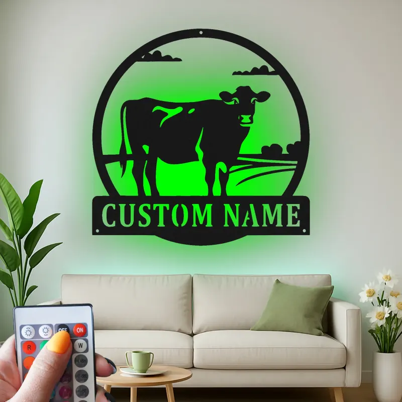 Décoration murale en métal LED personnalisée de vache - Cadeau de ferme rustique - Décor de grange pour amoureux des animaux