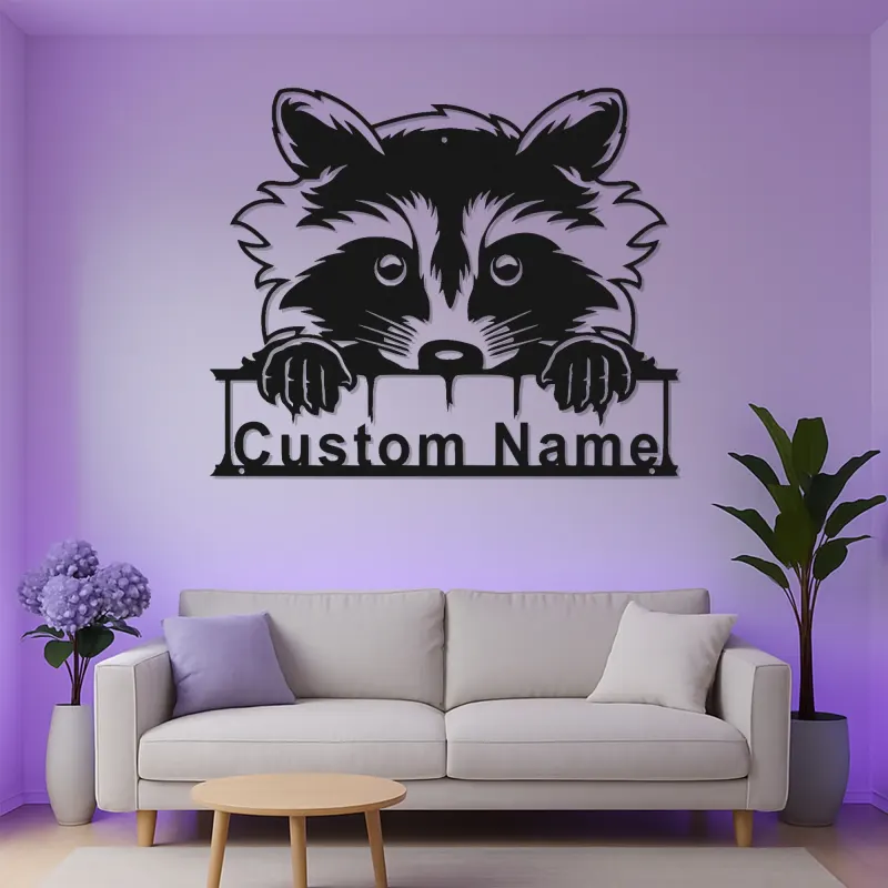 Panneau Métallique Raton Laveur Personnalisé | Plaque de Nom Rétroéclairée pour Nursery | Décor de Chambre d'Enfant Animaux de la Forêt