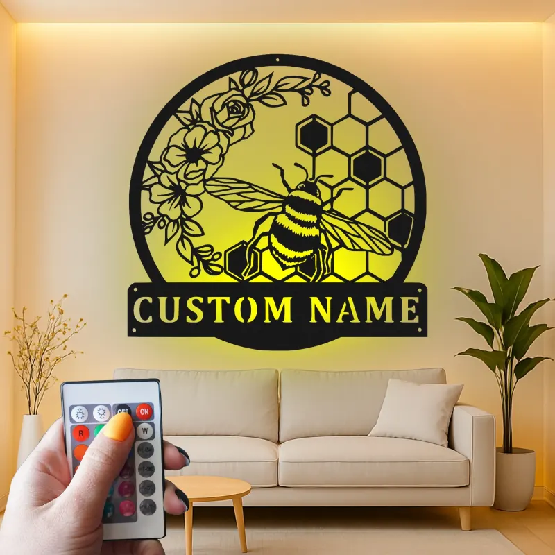 Décoration murale en métal personnalisée Abeille et Rayons de miel avec rétroéclairage pour les amoureux du jardin