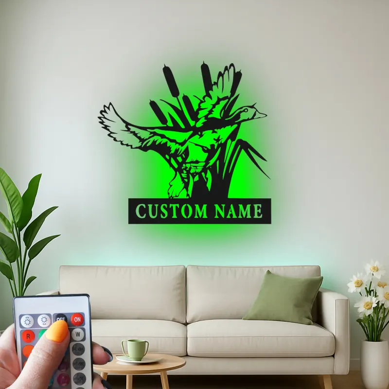 Décoration murale en métal personnalisée avec un canard dans des roseaux en rétroéclairage - Cadeau personnalisé pour les amoureux de la nature, décoration de cabane ou de chalet
