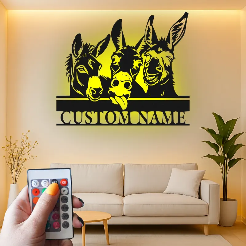 Insegna in metallo LED Donkey Trio Personalizzata Regalo per Fattoria Decorazione Soggiorno Rustico