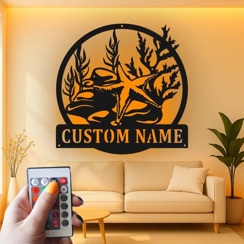 Custom Starfish Metal Sign | LED Nautical Wall Art | Personalized Beach House Decor | Coastal Ocean Scene Light