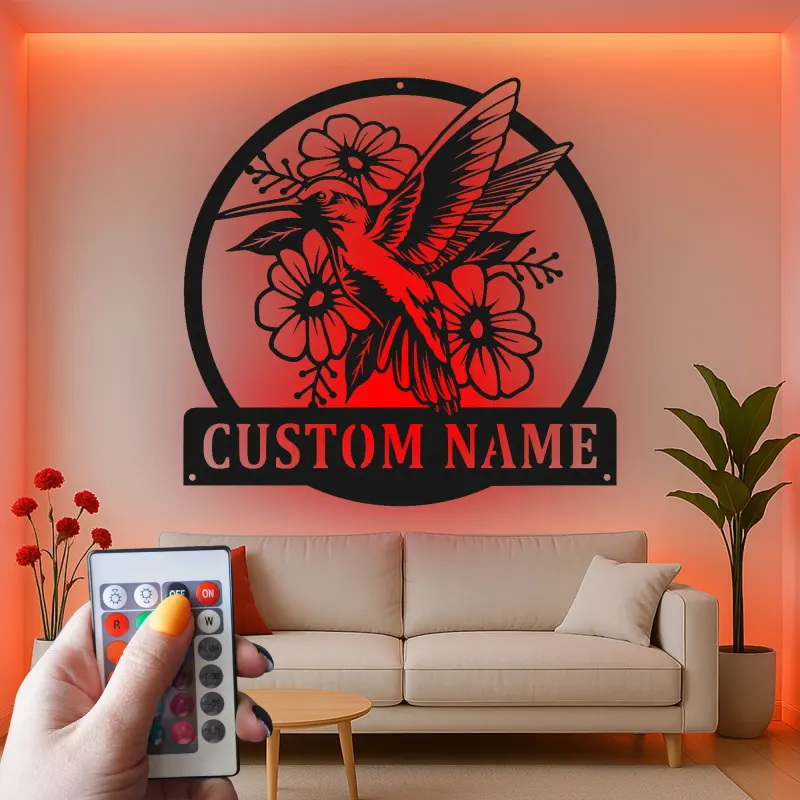 Insegna in metallo personalizzata con Colibrì | Insegna floreale LED per giardino | Targa con nome personalizzata per decorazioni esterne e patio