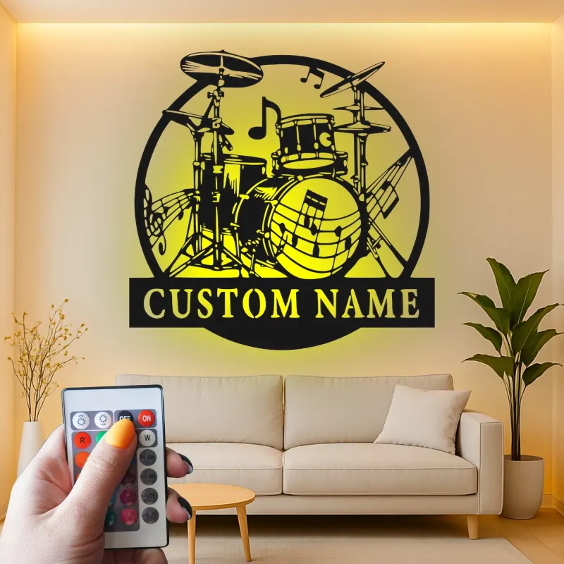 Insegna in metallo LED a forma di set di tamburi personalizzata Regalo per musicisti Decorazione per sala musica per batteristi