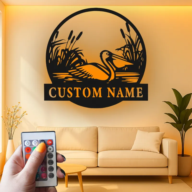 Decoración mural LED de pelícano | Cartel de metal personalizado con nombre para casas costeras | Silueta náutica de ave | Decoración para casa de playa