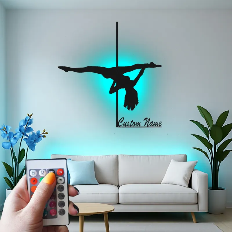 Custom Pole Dance Metal Sign | LED Name Art for Studio Decor | Personalized Dancer Gift | Gymnastics Wall Silhouette