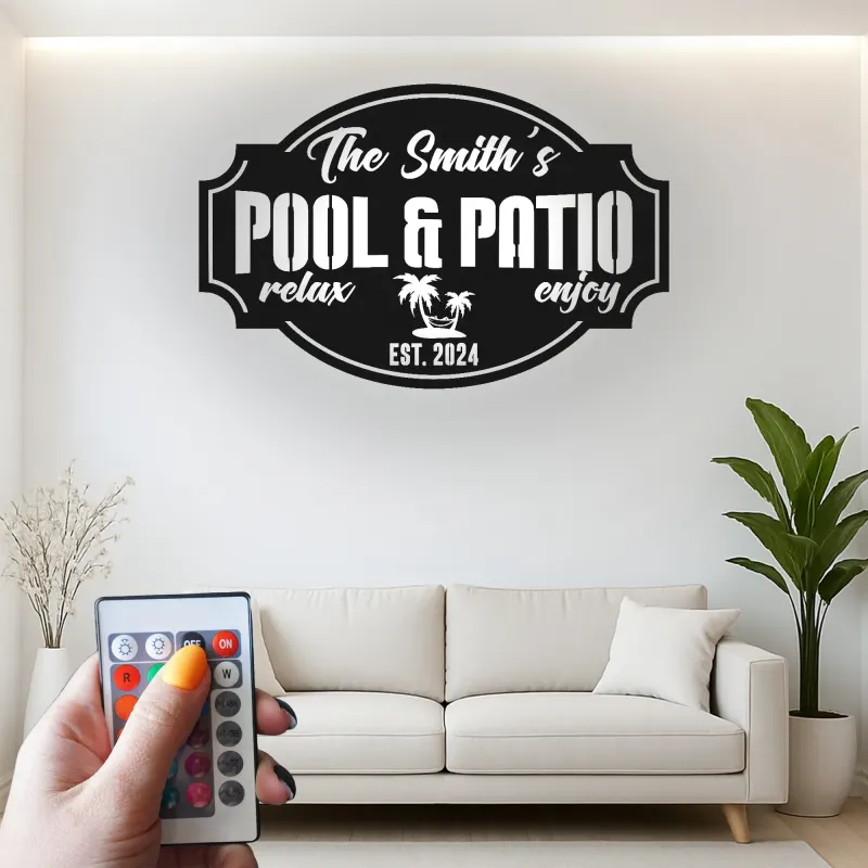 Custom Metal Pool Sign with LED | Personalized Patio & Bar Decor | Tropical Palm Tree Wall Art