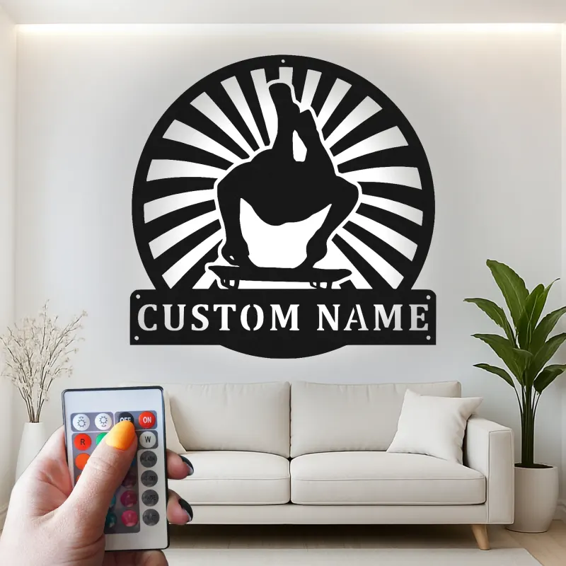 Personalized Skateboarder LED Sign | Custom Metal Wall Art for Teen Room | Backlit Skater Name Plaque & Extreme Sports Gift Idea