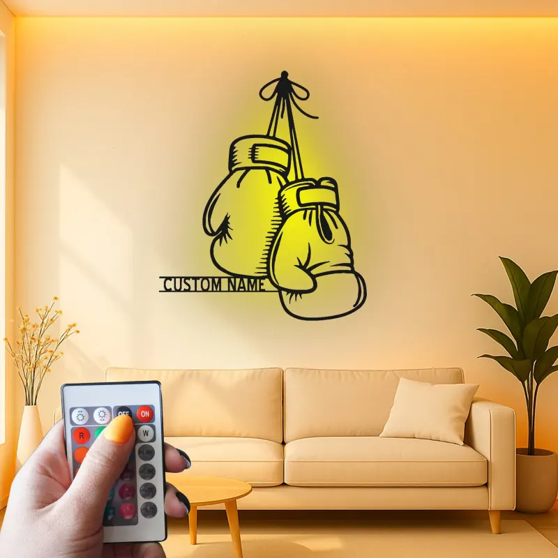 Insegna in metallo personalizzata con guantoni da boxe e luce LED - Regalo personalizzato per pugili, palestra o decorazione per angolo dedicato 1