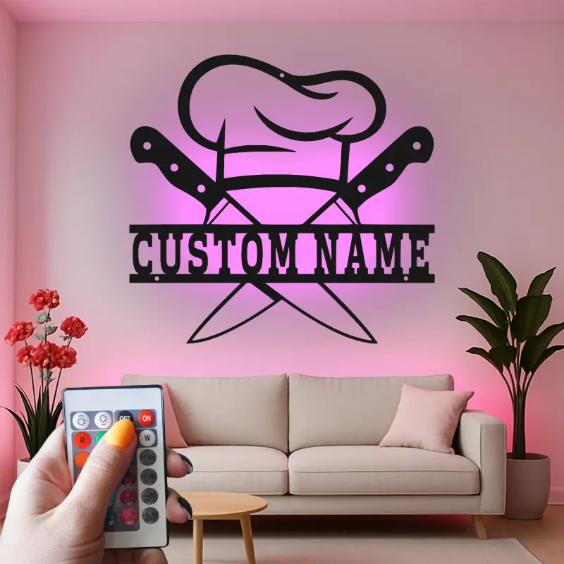 Décoration murale en métal personnalisée Chapeau de Chef et Couteaux avec rétroéclairage LED