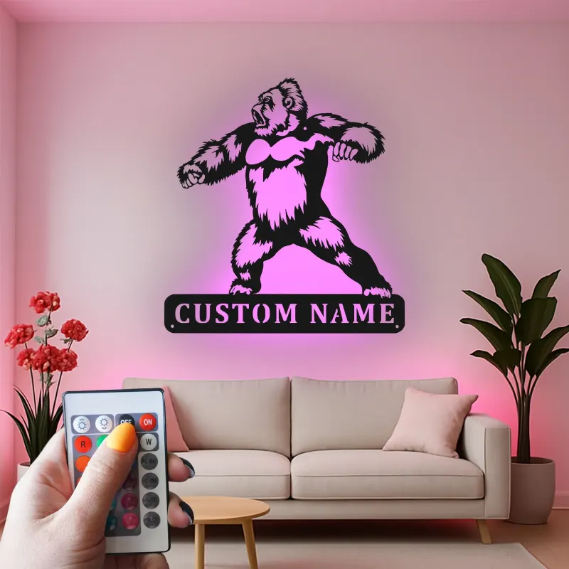 Arte murale in metallo LED con gorilla | Insegna personalizzata con nome per man cave | Arredo personalizzato con fauna selvatica | Silhouette animale retroilluminata