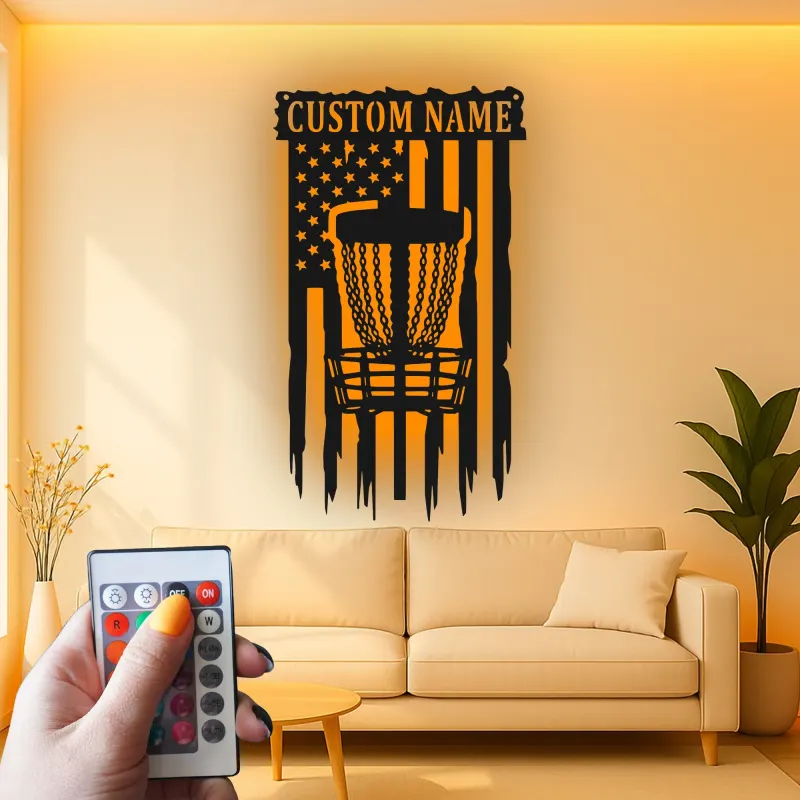 Insegna in metallo personalizzata con LED a forma di cestino per disc golf - Regalo per appassionati di disc golf - Decorazione per sala giochi sportiva