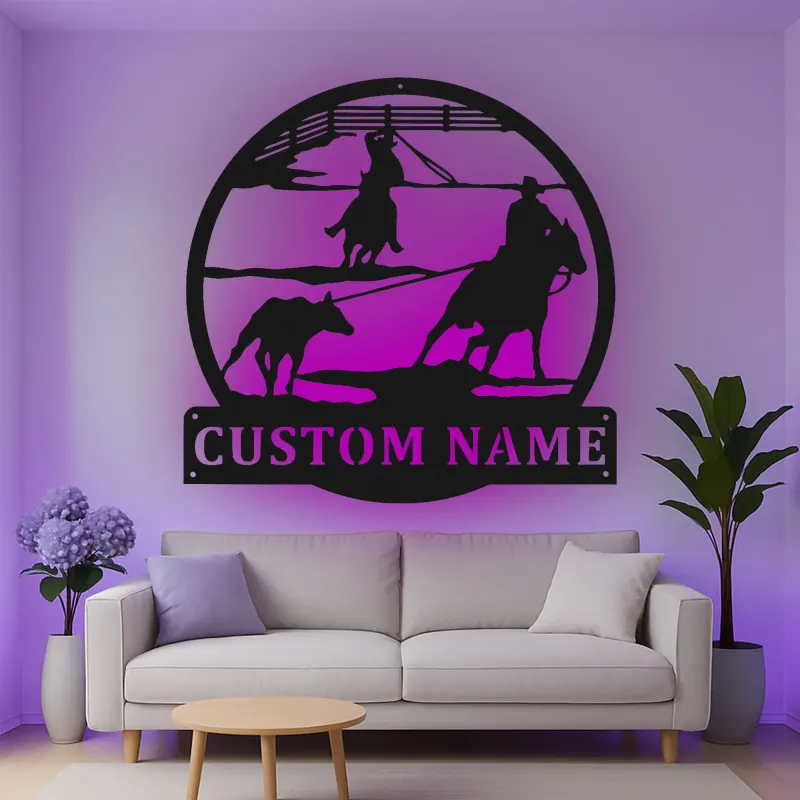 Décoration murale en métal LED personnalisée Rodeo Cowboy - Cadeau western pour lui - Décor ranch rustique