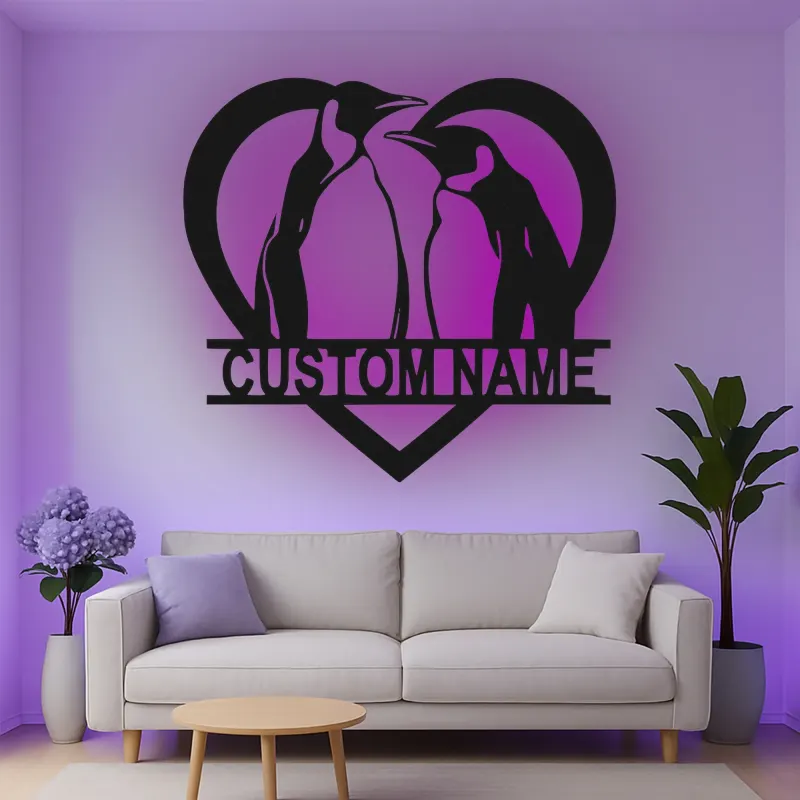 Cartel de metal LED personalizado de pareja de pingüinos regalo para decoración de dormitorio o salón
