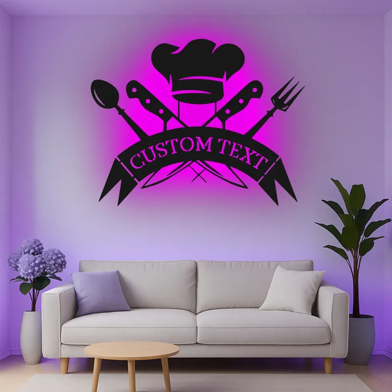 Décoration murale en métal personnalisée Chapeau de Chef et Ustensiles avec rétroéclairage LED