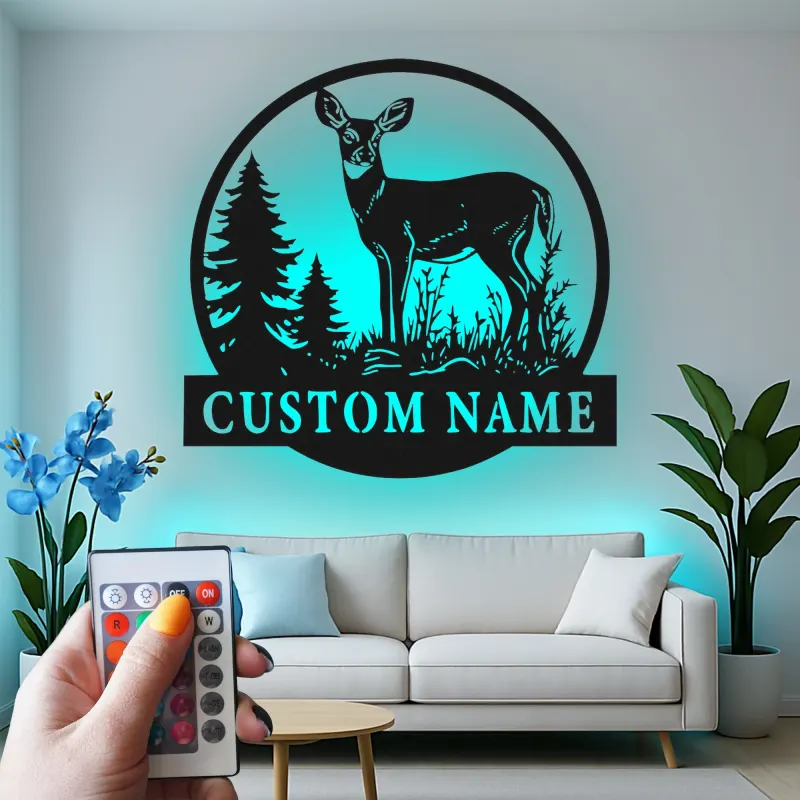 Custom Deer Led Light Metal Wall Art Personalized Nature Lover Gift Rustic Cabin Decor