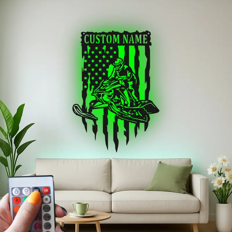 Custom Snowmobile Metal Sign | Personalized American Flag LED Wall Art | Winter Sports Decor Gift for Him | Garage & Man Cave Sign