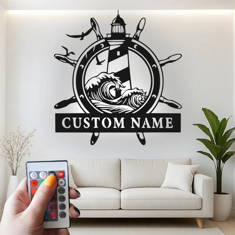 Custom Lighthouse Wall Art | Personalized LED Metal Sign with Nautical Waves | Beach House Decor & Sailor Gift