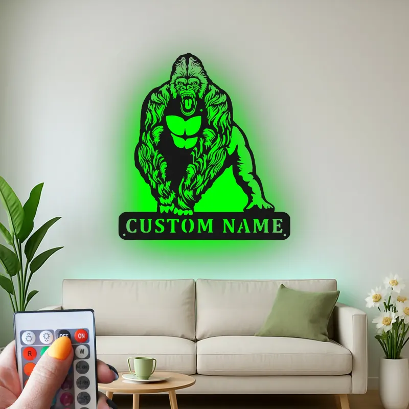 Arte murale in metallo con gorilla e LED | Insegna personalizzata con nome per man cave, home gym | Decorazione personalizzata con fauna selvatica