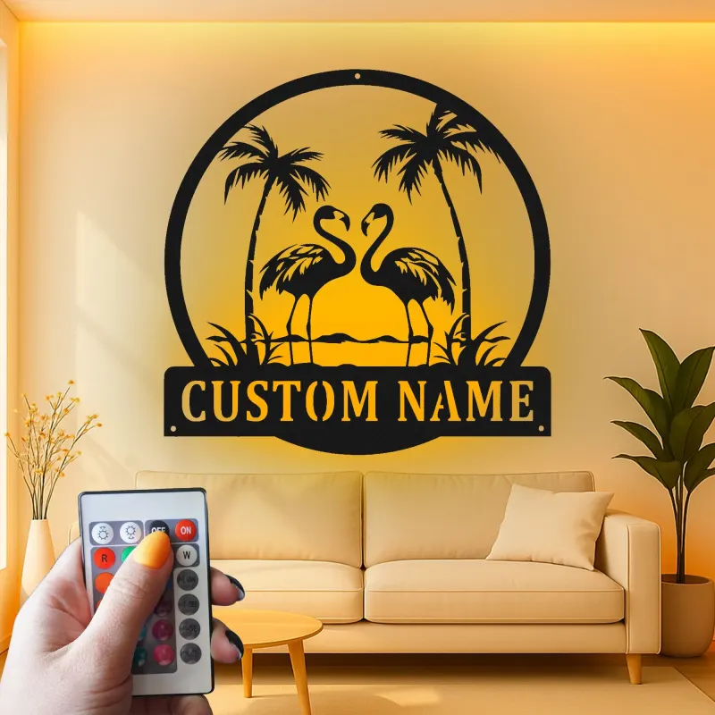 Cartel de metal LED de flamenco | Cartel tropical personalizado | Decoración de casa de playa y salón a medida | Luz de palmera costera