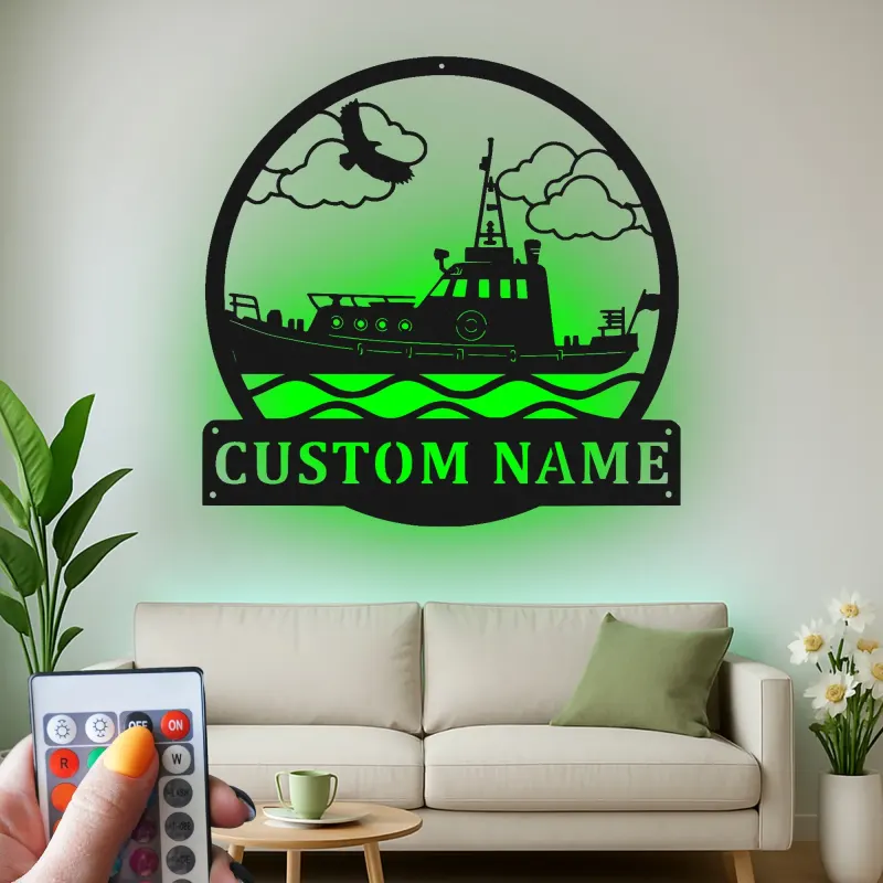 Décoration murale en métal personnalisée Remorqueur avec rétroéclairage LED Cadeau nautique pour les amoureux de bateaux Décor maritime personnalisé pour la maison