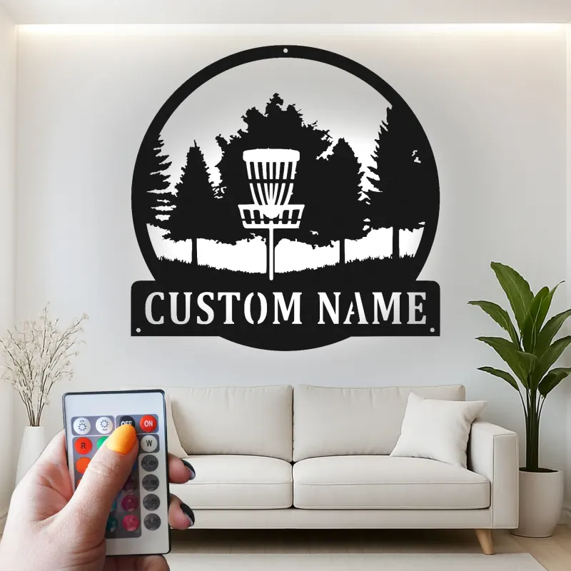Insegna in metallo personalizzata con LED a forma di cestino per disc golf - Regalo per appassionati di disc golf - Decorazione per sala giochi 3