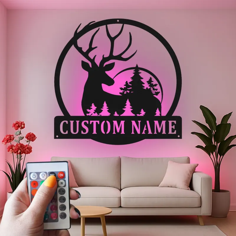Cartel de metal personalizado con silueta de ciervo y luz LED, regalo para amantes de la naturaleza, decoración rústica para cabañas
