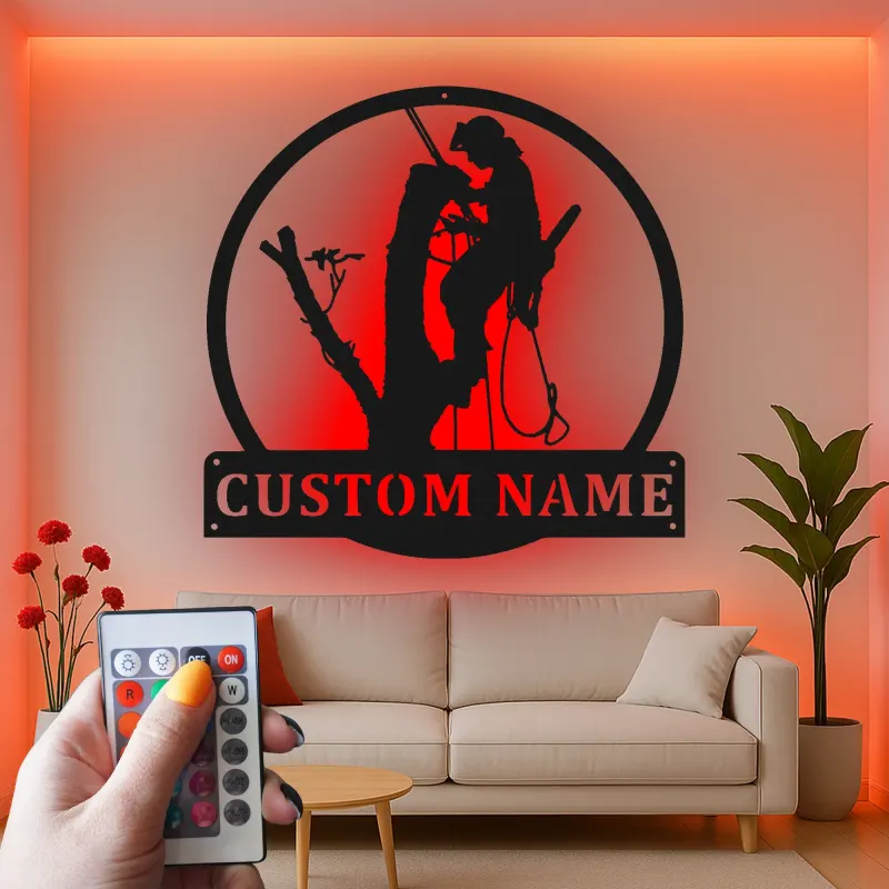 Personalisierte LED-beleuchtete Metall-Wandkunst Baumkletterer Einzigartiges Geschenk für Arboristen