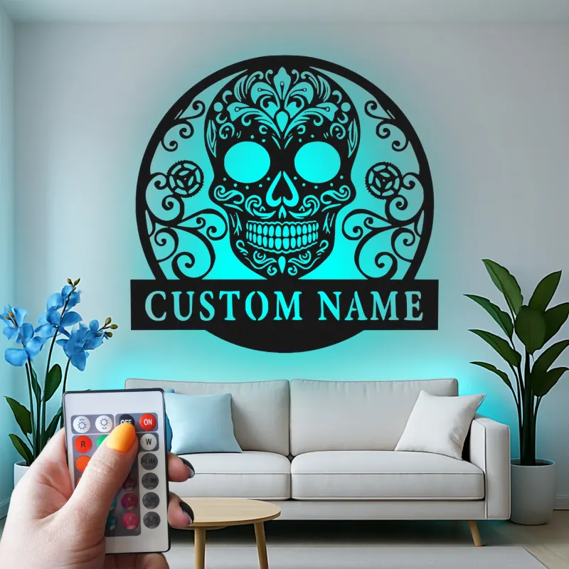 Sugar Skull LED Metal Wall Art | Personalized Day of the Dead Decor | Custom Name Sign for Salon, Patio or Studio
