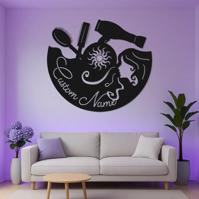 Enseigne de salon personnalisée | Art mural LED en métal sur mesure pour coiffeur | Décoration d’institut de beauté | Cadeau pour coiffeur