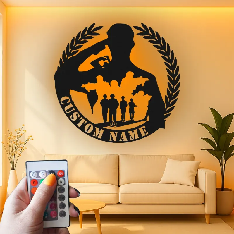Panneau LED Soldat Saluant | Hommage Militaire Personnalisé | Décoration de Nom de Vétéran sur Mesure | Art Murale Patriotique