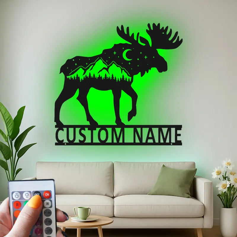 Personalized Moose Metal Wall Art | LED Wildlife Sign | Custom Name Cabin Decor | Rustic Mountain Hunter Gift