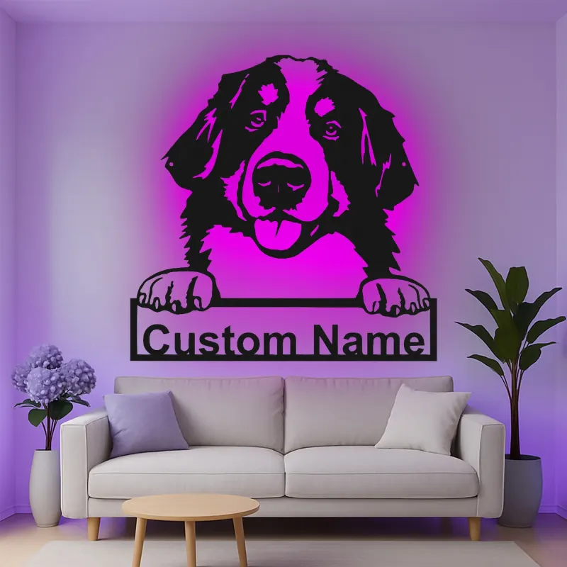 Custom Bernese Mountain Dog Led Light Metal Wall Art Personalized Dog Lover Gift Living Room Pet Decor 1
