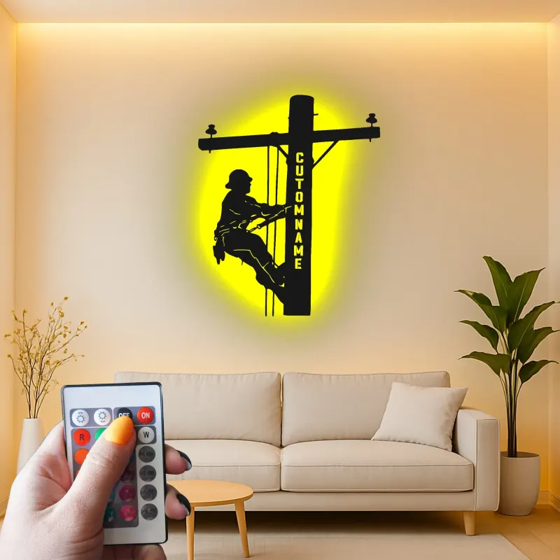 Lineman LED Metall-Wandkunst | Personalisierte Elektriker Geschenk | Individuelles Utility Worker Silhouette Schild mit RGB-Lichtern