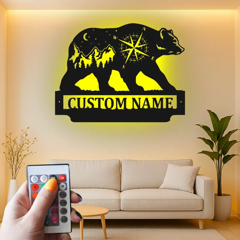 Custom Bear and Compass Led Light Metal Wall Art Personalized Gift for Nature Lovers Cabin or Lodge Decor