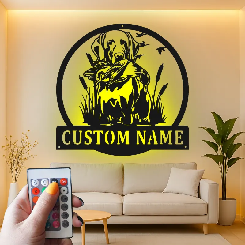 Panneau personnalisé de chien de chasse Labrador | Décoration murale en métal LED personnalisée | Cadeau de chasseur et décor de faune extérieure