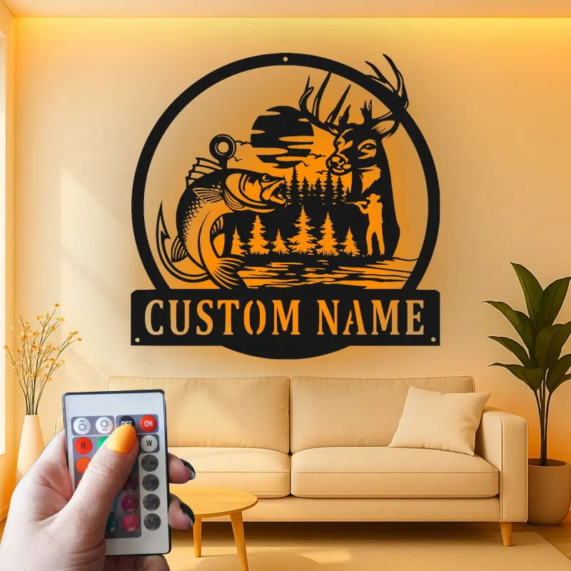 Cartel de metal personalizado de ciervo y lubina | Cartel iluminado de cabaña | Regalo personalizado para cazadores | Decoración de casa de lago rústica