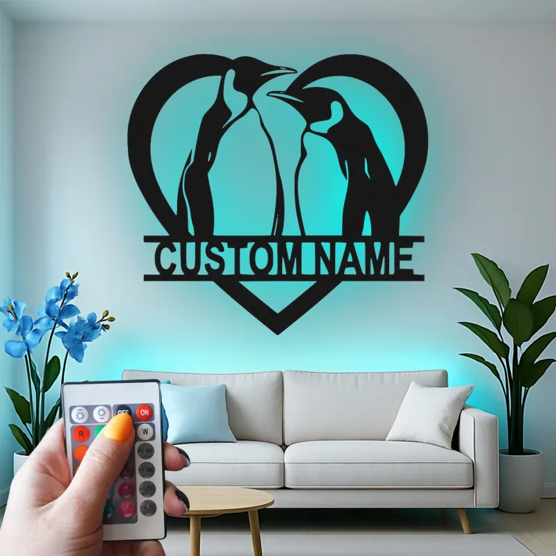 Insegna a Cuore con Pinguino Personalizzata | Arte Murale in Metallo LED per Coppie | Regalo di Anniversario Personalizzato per Decorazione Casa