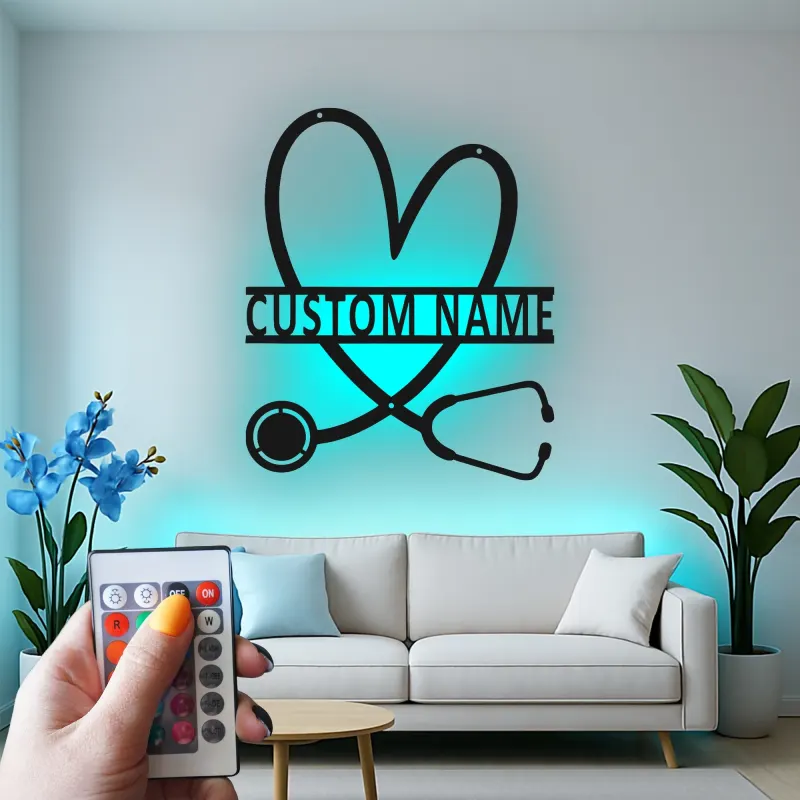 Personalisierte Stethoskop-Schild | LED Metall-Wandkunst für Arztpraxen | Individuelles Geschenk für Krankenschwestern | Klinik Wanddeko
