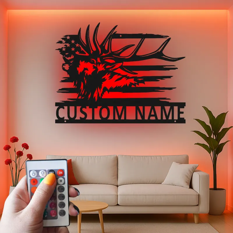 Custom Elk American Flag Led Light Metal Wall Art Personalized Gift for Hunters Rustic Cabin Decor