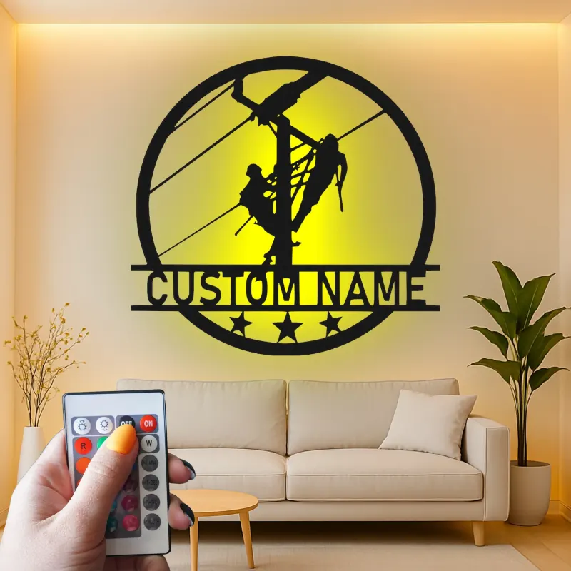 Panneau LED Lineman personnalisé | Décoration murale en métal sur mesure | Cadeau pour électricien et agent de réseau | Déco industrielle pour maison et garage