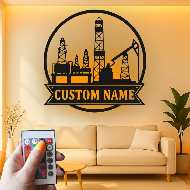 Cartel LED personalizado de torre petrolífera | Arte mural de metal personalizado | Decoración industrial para trabajador del petróleo y regalo para roughneck