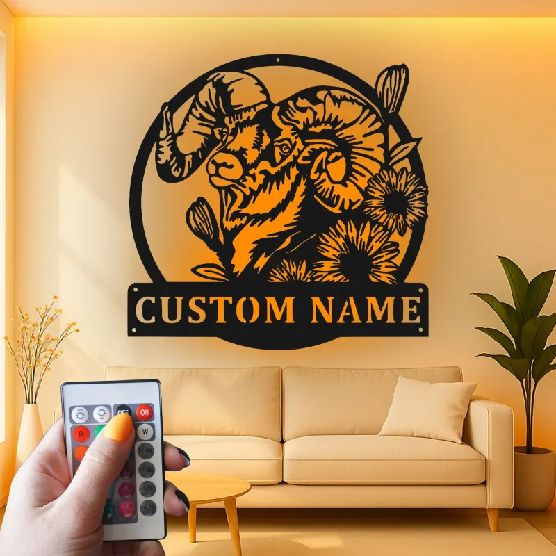Custom Ram Led Light Metal Wall Art Personalized Gift for Nature Lovers Rustic Home Decor