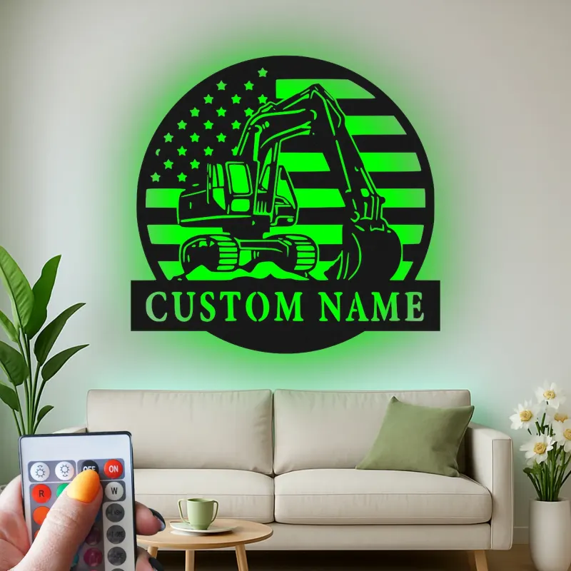 Cartel de metal LED personalizado de excavadora - Regalo para amante de la construcción - Decoración de cueva de hombre o garaje