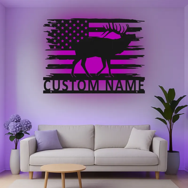 Décoration murale en métal LED élan drapeau américain personnalisée Cadeau pour chasseurs Décor de chalet rustique